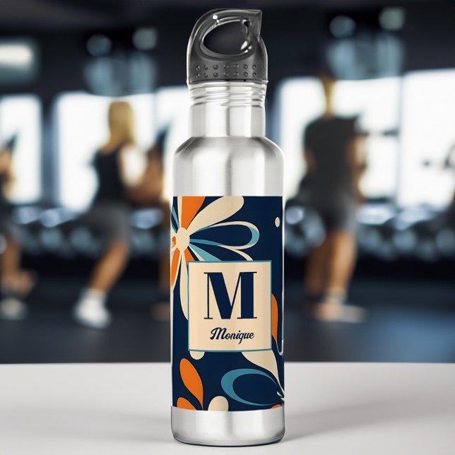 Garrafa Monograma retro Dons de margarida do meio século (Monogram retro midcentury teal daisy bridesmaid gifts personalized water bottle bridal party favors)