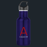Garrafa Monograma Simples Vermelho Branco Branco Personali<br><div class="desc">Nome Personalizado Vermelho, Branco e Azul e Letra Inicial Frasco de Água de Aço Inoxidável com Monograma Personalizado em uma moderna e mínima fonte clássica sans serif para um visual simples, mas sofisticado e masculino. Mostradas em vermelho e branco em uma garrafa de água metálica azul, as cores e fontes...</div>