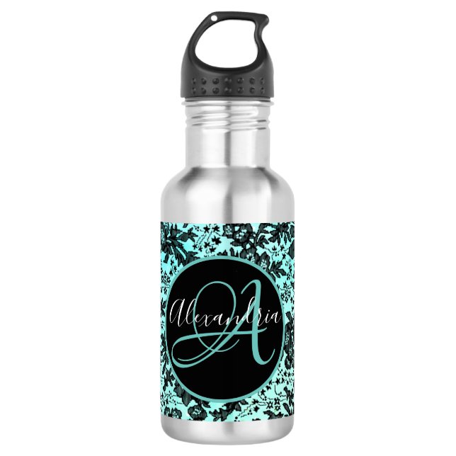 Garrafa Moody Black Floral no Turquoise Monogramo (Frente)