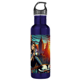 Garrafa Mulher lendo na janela da cidade com gato e café