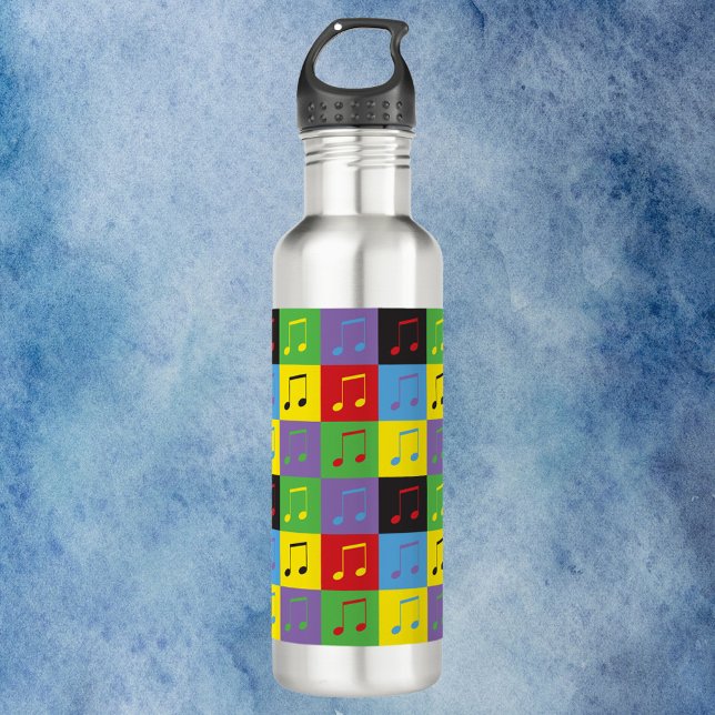 Garrafa Música Nota Padrão Pop Art Rainbow (A water bottle with a colorful pop art music note pattern)