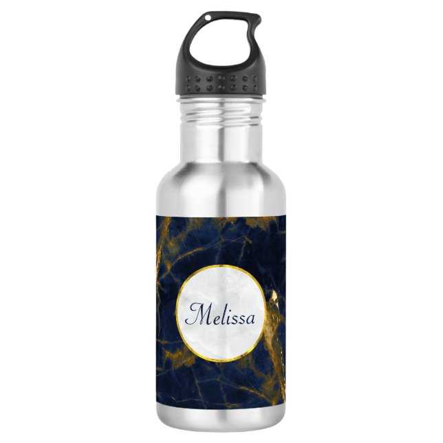 Garrafa Na moda marinho Azul e Dourado Marble Moderno (Frente)