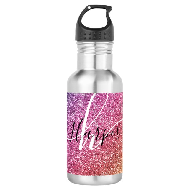 Garrafa Nome do Monograma do Rainbow Glitter (Frente)