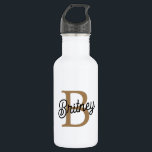 Garrafa Nome do Monograma Elegante Moderno Script Dourado<br><div class="desc">O moderno nome do monograma elegante Black Dourado Script Stainless Steel Water Bottle é funcional e moderno. Apresenta um aspecto preto elegante com uma escrita de ouro elegante, com um monograma personalizado e um nome. Produzido a partir de aço inoxidável durável, mantém bebidas quentes ou frias por longos períodos. Ideal...</div>