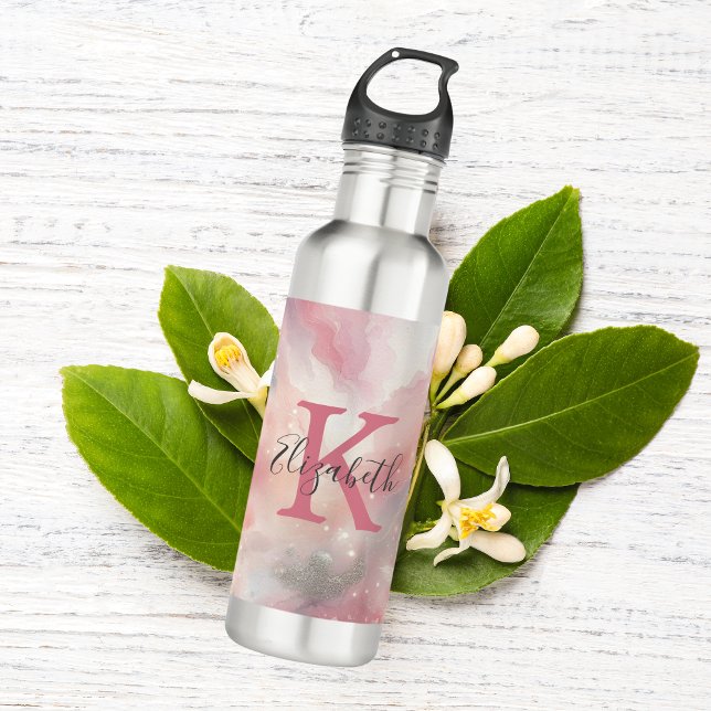 Garrafa Nome do Monograma Oferta Inicial de Lavagem por Aq (Monogram Name Initials Pink Gray Watercolor Wash Water bottle. Bridesmaid gifts. Birthday gift her)