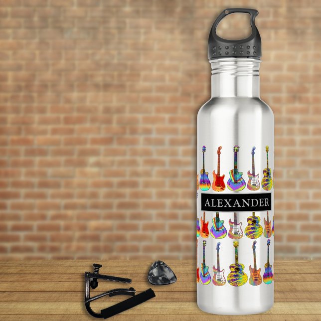 Garrafa nome do padrão colorido do violão (Colorful guitar pattern personalized add name water bottle funky psychedelic guitars for guitarists )