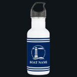 Garrafa Nome Do Seu Barco: Lighthouse Náutico<br><div class="desc">Seu nome personalizado,  nome do barco ou texto com um farol náutico personalizado em um frasco de água com riscas brancas e azuis Marinhos.</div>