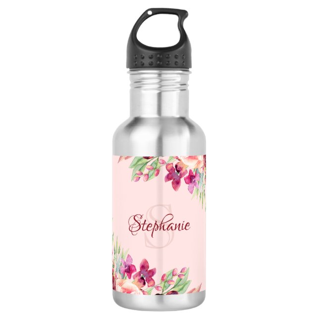 Garrafa Nome Floral Moderno do Blush Burgundy (Frente)