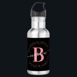 Garrafa Nome Moderno Feminino Preto Rosa Script Monogramad<br><div class="desc">Girly, minimalista, moderna, elegante, garrafa de água personalizada com monograma inicial em nome personalizado com script. Apresentando um monograma inicial e uma assinatura de nome feminino em uma fonte de caligrafia manuscrita com caudas swash e moldura de círculo pontilhado em torno do seu monograma. Presente feminino perfeito para namorada, irmã,...</div>