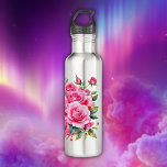 Garrafa Nome Monograma Rosas Rosa |<br><div class="desc">Rosa e rosas vermelhas com um nome monograma em fundo burgundy são para todos que amam flores. Garrafa de água de aço inoxidável.</div>