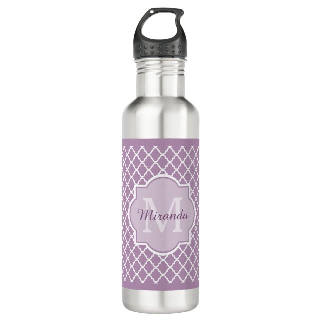 Garrafa Nome Monogrammed roxo de Quatrefoil da lavanda (Frente)
