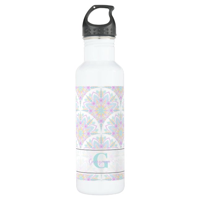 Garrafa Nome Personalizado Art Deco Pastel Rainbow Floral  (Frente)