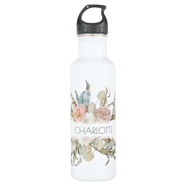 Garrafa Nome Personalizado Boho Chic Floral Watercolor (Frente)