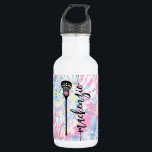 Garrafa Nome Personalizado Do Coletor De Tie Do Jogador De<br><div class="desc">Garrafa de água personalizada para o jogador de lacrosse com uma letra elegante de escrita manual feminina e caligráfica feminina num padrão de fundo de cor rosa,  azul e amarelo a cor da gravata pastel.</div>