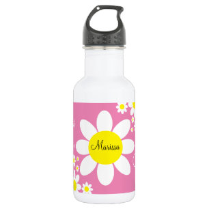 Garrafa Nome Personalizado Floral Margaridas Rosa e Branco