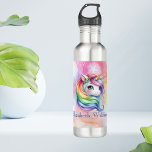 Garrafa Nome Personalizado Unicórnio Cute e Arco-Íris para<br><div class="desc">Mantenha suas bebidas na moda e se divirta com nosso nome personalizado Cute Unicorn e Rainbow para a garrafa d'água de aço inoxidável Girls. Projetada com meninas em mente, esta adorável garrafa d'água apresenta um gráfico de unicórnio arco-íris encantador que certamente se iluminará a qualquer dia. Personalize-o com o nome...</div>