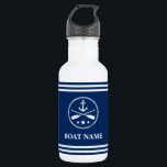 Garrafa O nome do seu barco, Âncora e Oars, são distribuíd<br><div class="desc">Seu nome personalizado,  nome do barco ou texto com âncora náutica,  remos cruzados - remates em uma garrafa de água azul e branco de stripes Marinho.</div>
