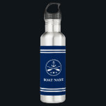 Garrafa O nome do seu barco Ancora e Oars White Strips<br><div class="desc">Seu nome personalizado,  nome do barco ou texto com âncora náutica,  remos cruzados - remos em um Marinho azul com uma Garrafa d'água.</div>