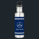 Garrafa O nome do seu barco Ancora e Oars White Strips<br><div class="desc">Seu nome personalizado,  nome do barco ou texto com âncora náutica,  remos cruzados - remos em um Marinho azul com uma Garrafa d'água.</div>