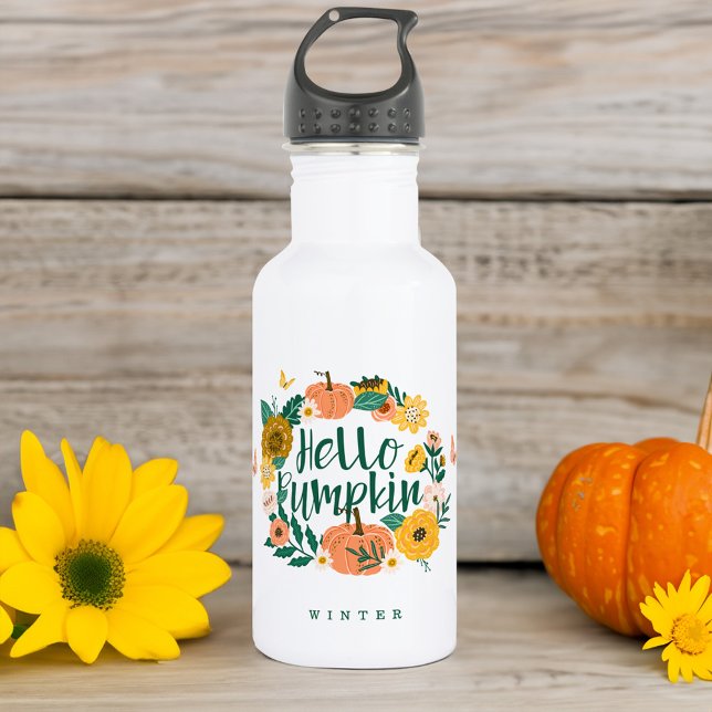 Garrafa Olá Pumpkin Fall Wildflower Borboleta Wreath (Hello Pumpkin Fall Wildflowers Butterfly Wreath Stainless Steel Water Bottle)