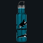 Garrafa Orcas Killer Whales Teal Blue Personalizado<br><div class="desc">Mantenha-se hidratado em estilo com esta garrafa de água personalizada que apresenta ilustrações de orcas ou baleias assassinas a preto e branco e está pronto para ser personalizado com o seu nome em letras negros.</div>