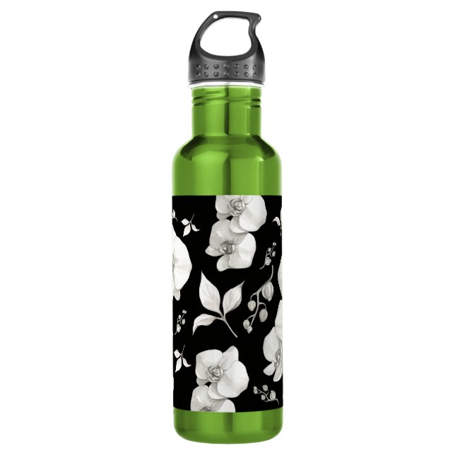 Garrafa Orquídea Branca de Aquarela em Preto | (Frente)