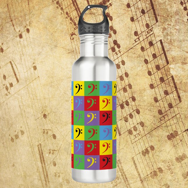 Garrafa Padrão de Arte do Pop do Arco-Íris do Bass Clef (A water bottle with a pop art pattern of bass clef symbols.)