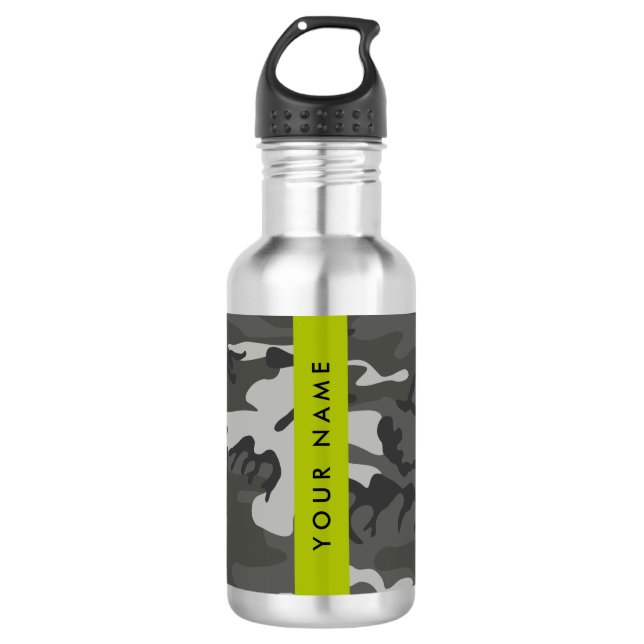 Garrafa Padrão de Camuflagem Cinza, Seu nome, Personalize (Frente)