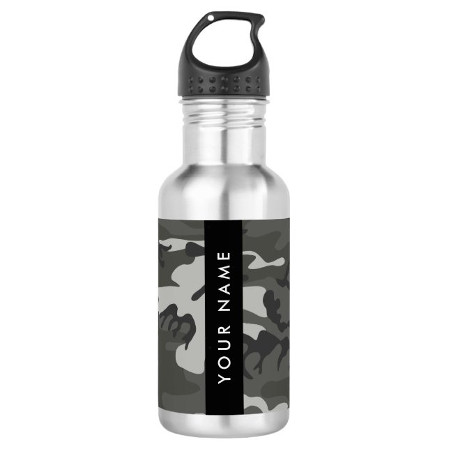 Garrafa Padrão de Camuflagem Cinza, Seu nome, Personalize (Frente)