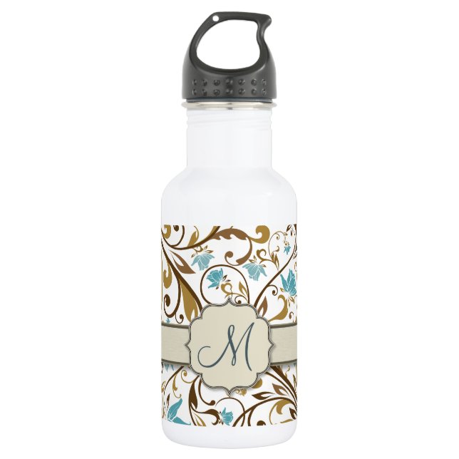 Garrafa Padrão de Vinha Floral Azul e Castanho com Monogra (Frente)