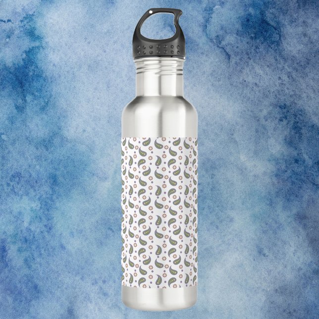 Garrafa Paisley Flowers Dots Green Pink Patterno (A water bottle with a paisley pattern done in pink, green, blue & purple.)