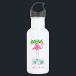 Garrafa Palmeiras Flamingo Rosa e Sucultivos Florais<br><div class="desc">Uma garrafa de água ilustrando um flamingo cor-de-rosa parado num leito de flores florais suculentas com palmeiras verdes balançando nas costas. Tropical e bonito.</div>