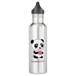 Garrafa Panda bonita com coração rosa + nome