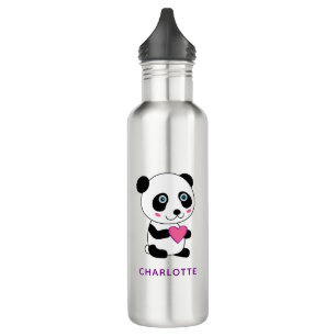 Garrafa Panda bonita com coração rosa + nome