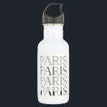 Garrafa Paris Paris | Elegante francês inspirado<br><div class="desc">Esta garrafa de água na moda e chic diz "Paris" quatro vezes,  em vários estilos elegantes de texto negro para um olhar parisiense de tendência.</div>
