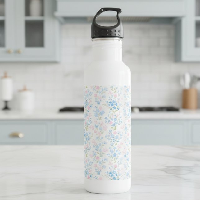 Garrafa Pastel Floral Water Bottle (elegant pretty preppy grandmillennial pink blue floral pattern water bottle )