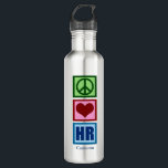 Garrafa Peace Love HR Recursos Humanos Personalizados<br><div class="desc">Frasco de água do Peace Love HR para um gerente de recursos humanos. Um sinal de paz,  coração,  e Hr escrito em azul. Personalize com seu nome de representante,  empresa ou empresa neste bonito presente monograma.</div>