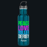 Garrafa Peace Love Roller Derby<br><div class="desc">Uma garrafa d'água Roller Derby legal em uma venda para uma garota que gosta de patinar e esportes. Este bonito presente de rúpias é perfeito para o Natal e para se manter hidratado durante os jogos. Comprar-os para a equipe inteira!</div>
