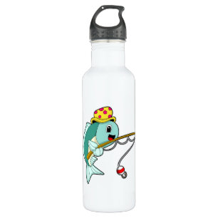 Garrafa Peixes na pesca com vareta de pesca e chapéu