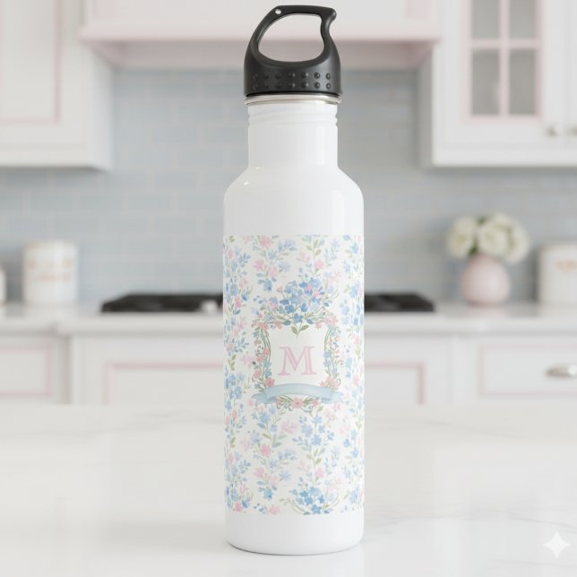 Garrafa Personalized Floral Monogram Water Bottle (elegant preppy grandmillennial floral monogram personalized water bottle)