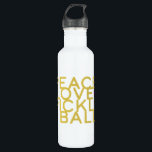 Garrafa Pickleball Peace and Love Yellow Water Bots<br><div class="desc">Paz,  Amor e Pickleball! Este design chic com as palavras "peace,  love and pickleball" na mostarda amarela e fuchsia celebra o esporte do picleball. Faz um presente maravilhoso para o amante de picleball em sua vida. Parte de uma coleção da Parcel Studios.</div>