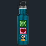 Garrafa Pinguins de Paz e Amor<br><div class="desc">Um pinguim bonito sentado ao lado de um sinal de paz e um coração. Eu adoro animais adoráveis.</div>