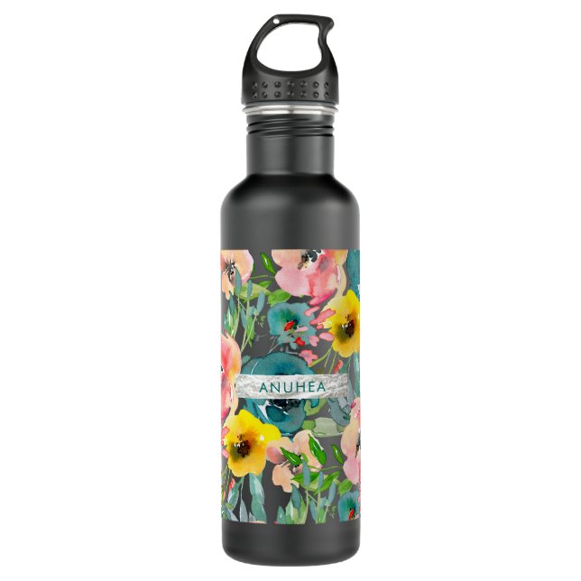 Garrafa PixDezines Floral Watercolor Teal, Amarelo (Frente)