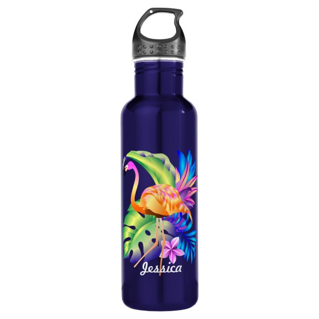 Garrafa Plantas Tropicais e Flamingo Personalizadas (Frente)