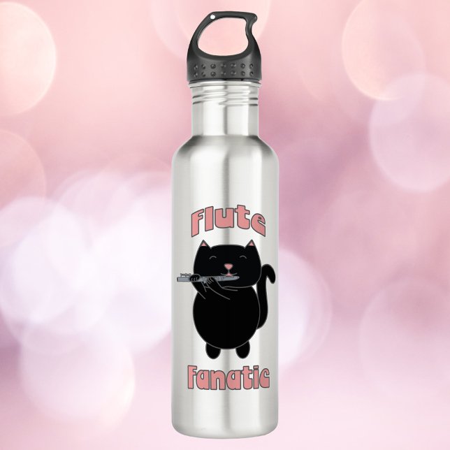 Garrafa Preto Fanático Líquido, Rosa (A water bottle with a cute black cat and the text flute fanatic in pink.)