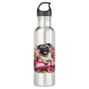 Garrafa Pug Dog em um Travesseiro com Flores em Aquarela