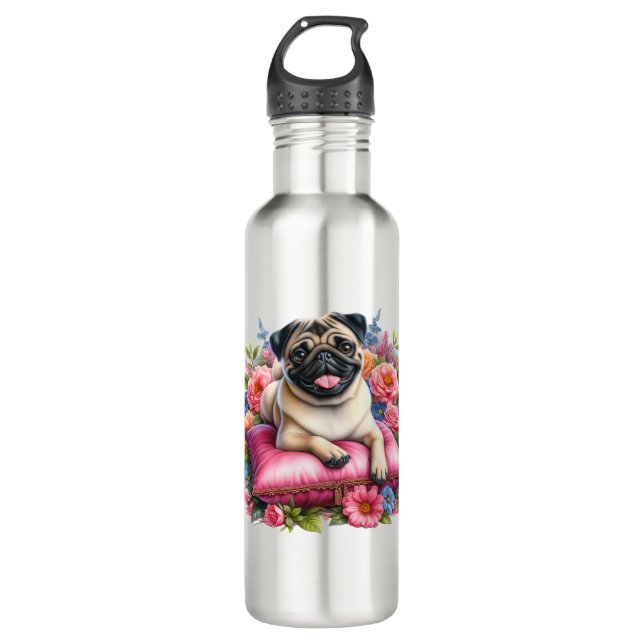 Garrafa Pug Dog em um Travesseiro com Flores em Aquarela (Frente)
