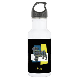 Garrafa Pug Pet Dog Silhoucher Amarelo e Blue Grid