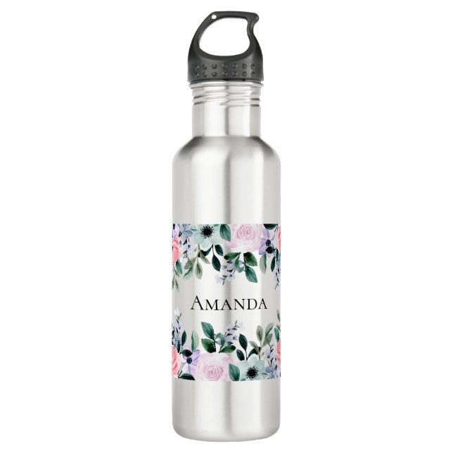 Garrafa Púrpura Rosa e Aquarela Floral Verde (Frente)