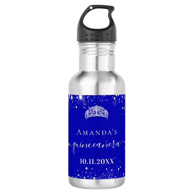 Garrafa Quinceanera nome da tiara azul real da cinta prate (Frente)